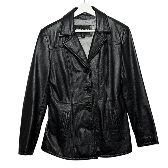 Vintage Jacket 90s Minimal Wilsons Black Leather Button Fitted SZ Small Classic - Picture 1 of 9